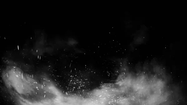 Beweging rook met brandende deeltjes. Voorraad Illustratie. Mist textuur op geïsoleerde zwarte achtergrond. Ontwerp-element. — Stockfoto