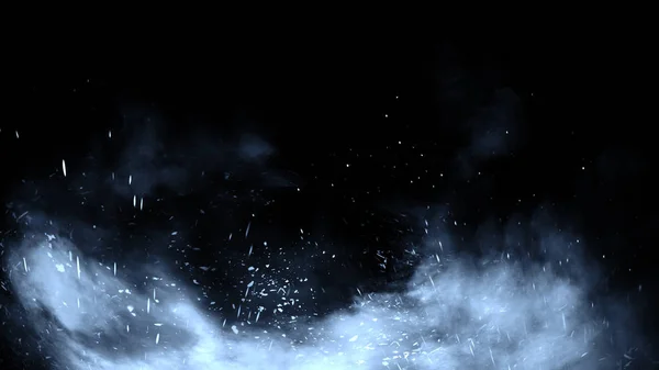 Humo de movimiento con partículas de fuego brasas. Stock Illustration. Textura niebla sobre fondo negro aislado. Elemento de diseño . — Foto de Stock