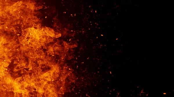 Texture of burn fire with particles embers. Flames on isolated black background. Texture for banner,flyer,card . — Stock Photo, Image