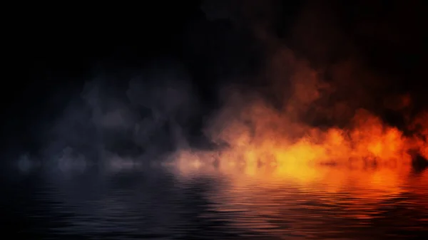 La confrontación del agua contra el fuego. Humo místico con reflejo en la orilla. Fondo de ilustración de stock. Elemento de diseño . — Foto de Stock