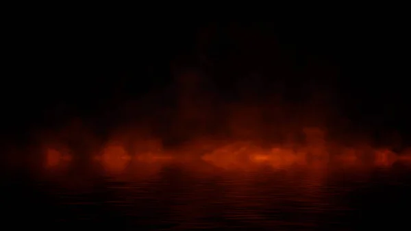 Fumo di fuoco con riflesso in acqua. Mistero incendio costiero sulla riva. Elemento di design . — Foto Stock
