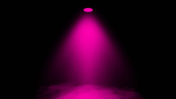 孤立した黒の背景に煙とスポットライトステージ。コンサートやゲームのために照明紫光プロジェクターストックイラスト — ストック写真