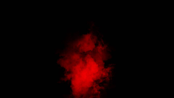Explosion red fog on isolated black background. Experiment chemistry smoke bomb. The concept of aromatherapy. Stock illustration.