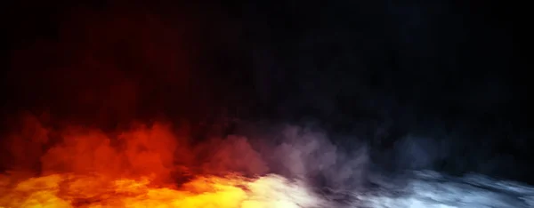 全景视图抽象的蓝色和橙色烟雾蒸汽在黑色背景纹理上移动。 芳香疗法的概念。 库存说明. — 图库照片