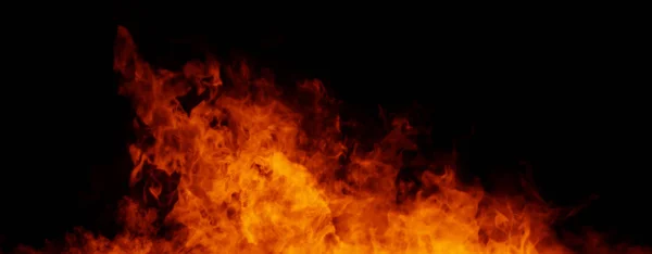 Panorámás kilátás reális elszigetelt tűz láng hatása dekoráció és borító fekete háttér. Készletillusztráció. — Stock Fotó