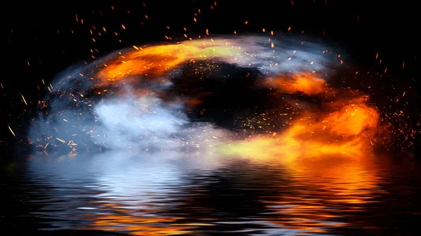 Fire embers particles texture overlays . Burn effect on isolated black background on reflection with water. Stock illustration.