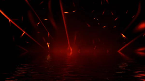 Eld röd glöd partiklar textur överlägg. Bränn effekt på isolerad svart bakgrund på reflektion med vatten. Lagerillustration. — Stockfoto