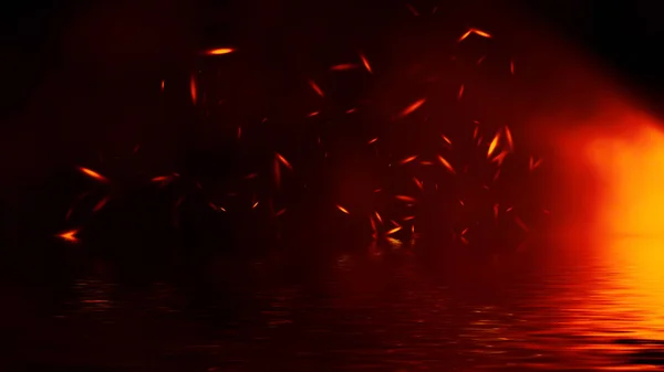 Fire embers particles texture overlays . Burn effect on isolated black background on reflection with water. Stock illustration. — Stock Photo, Image