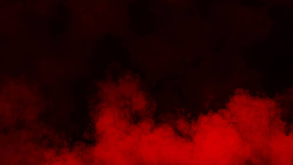 Smoke on the floor . Isolated black background . Misty red fog effect texture overlays for text or space.