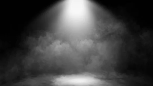 Isteni fény egy sötét ködben. A sugarak fényt sugároznak a padlóra. Spotlight elszigetelt háttér. — Stock Fotó