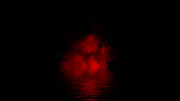 Abstract red fog steam moves on background . The concept of aromatherapy. Smoke bomb with reflection in water.