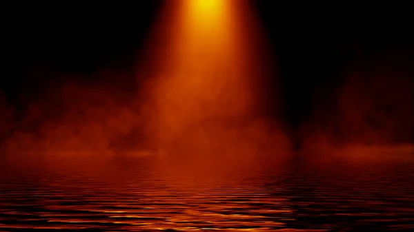 Lumière divine à travers un brouillard sombre. Les rayons rayonnent sur le sol. Pleins feux sur fond isolé. Illustration de stock.. Réflexion sur l'eau . — Photo