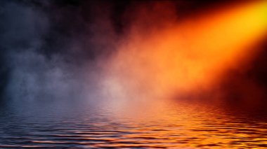 Divine light through a dark fog. The rays beam light on the floor. Spotlight on isolated background. Stock illustration.. Reflection on water.