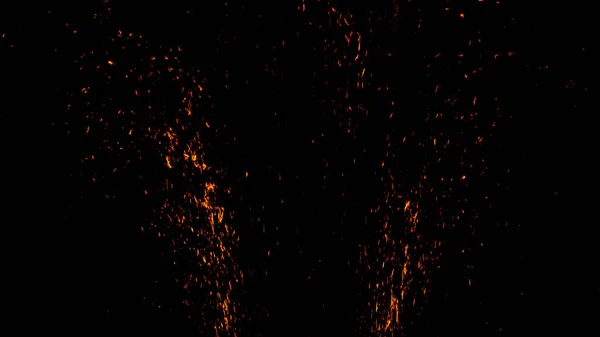 Struktura ohnivých uhlíků se překrývá. Exploze shořet ve spreji praskla na izolovaném černém pozadí. Zásobní osvětlení. — Stock fotografie