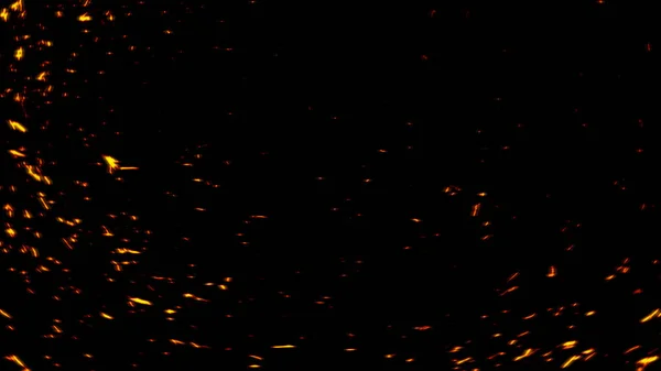 Ogień żar cząstki tekstury nakładki. Wybuch spalić proszek rozprysk na odizolowanym czarnym tle. Ilustracja zapasów. — Zdjęcie stockowe