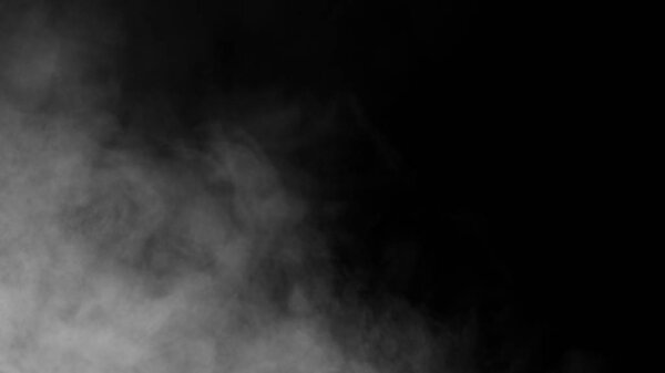 Smoke on the floor . Isolated black background . Misty fog effect texture overlays for text or space. Stock illustraion.