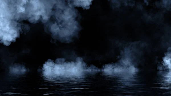 Efecto Niebla Niebla Sobre Fondo Negro Humo Costero Orilla Reflexión — Foto de Stock