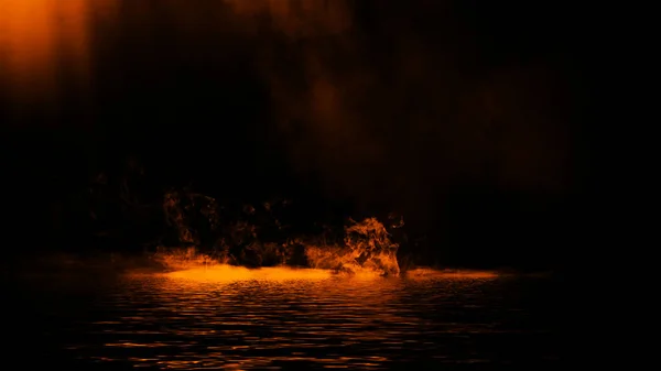 Mistero Costiero Arancio Nebbia Fumo Sulla Riva Riflessione Acqua Sovrapposizione — Foto Stock