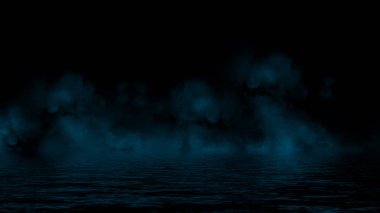 Yerde mistik bir duman var. Sis siyah arkaplanda izole edildi. Stok çizimi. Suda yansıma.