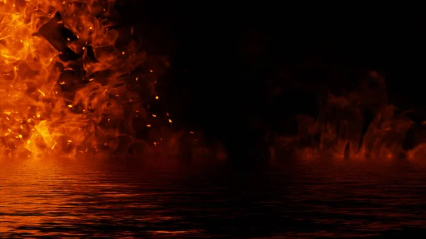 Противостояние Воды Огня Мистическое Пламя Отражением Берегу — стоковое фото