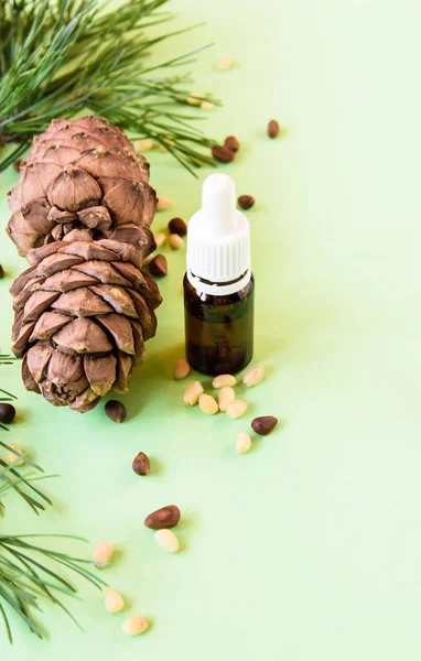 Concepto de cosmética natural, piñas con nueces y una botella de aceite sobre un fondo verde — Foto de Stock