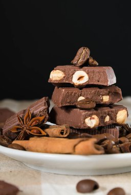 Hayat, kurulum, çikolata, kahve çekirdekleri, anason ve tarçın dolu bir tabak.