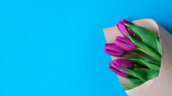 Ramo de tulipanes morados frescos sobre un fondo azul con espacio libre para el texto, vista superior — Foto de Stock