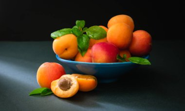 Durgun bir hayat, yeşil yapraklı olgun kayısılar, koyu bir arka planda güneş ışınları altında mavi bir kâse içinde.