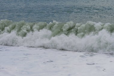 Güçlü dalgalar kıyıya vuruyor ve köpürüyor