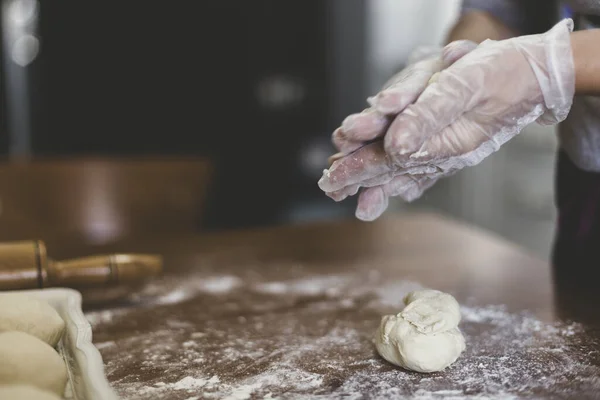Hands Woman Making Dough Plastic Gloves Table Turkey — Stock Photo, Image
