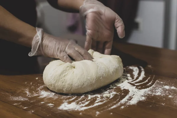 Hands Woman Making Dough Plastic Gloves Table Turkey — Stock Photo, Image