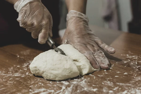 Hands Woman Making Dough Plastic Gloves Table Turkey — Stock Photo, Image