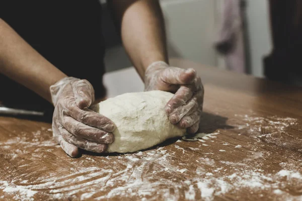 Hands Woman Making Dough Plastic Gloves Table Turkey — Stock Photo, Image