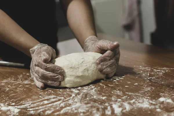 Hands Woman Making Dough Plastic Gloves Table Turkey — Stock Photo, Image