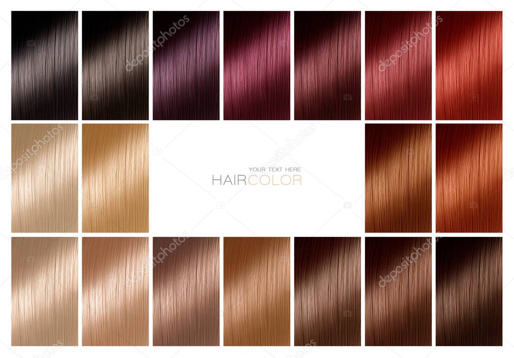 Color chart for hair dye. Tints. Hair color palette with a range