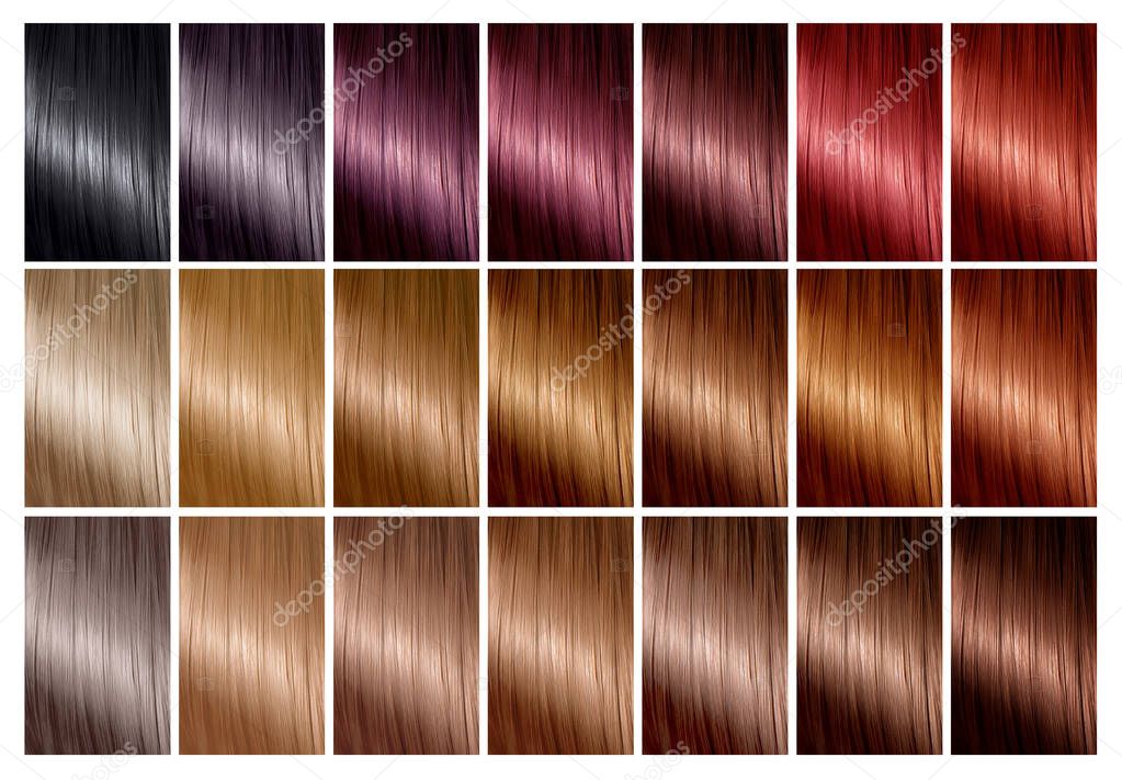 Paleta de colores de pelo con una gama de muestras. Reflejos. Carta de