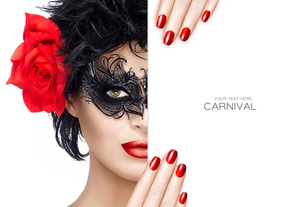 Beauty Fashion Woman with Carnival Mask Makeup. Red Lips and Man — Stock Photo, Image