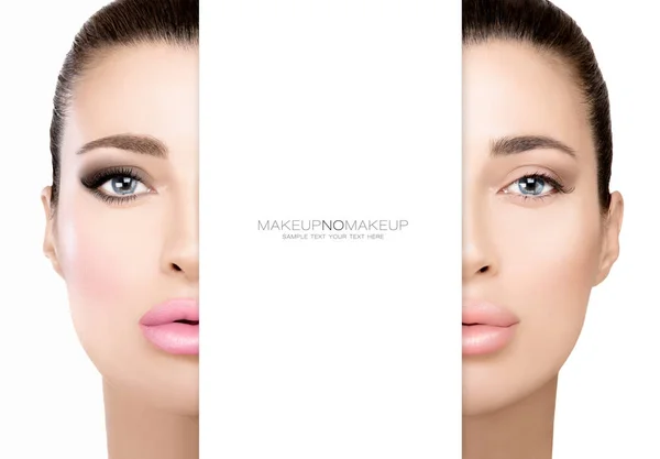 Makeup No-Makeup. Face of one woman halved to illustrate differe — Stock Photo, Image