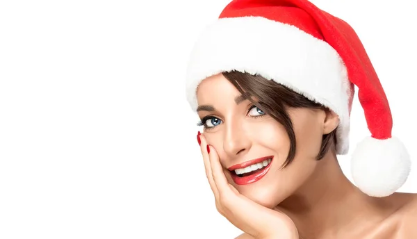 Julkvinnan. Skönhet kvinnlig modell i Santa hatt — Stockfoto