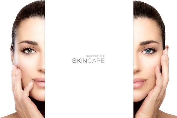 Koncepcja pielęgnacji skóry z kobiecą twarzą rozdwojoną na pół — Zdjęcie stockowe