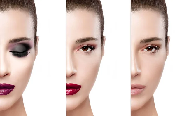 Schönheit Modell Mädchen zeigt die Make-up-Prozess — Stockfoto