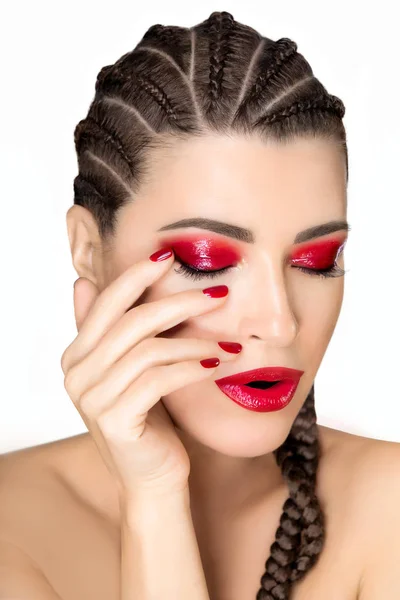 Beautiful model girl with African braids and modern glossy red m — Stock Photo, Image