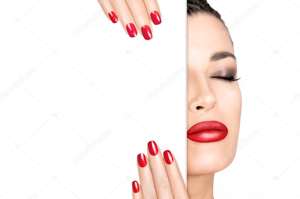 Beauty Makeup Concept. Red Nail Art and Make-up. Half face with 