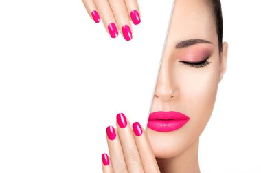 Beauty Makeup and Nail Art Concept. Beautiful fashion model woma clipart