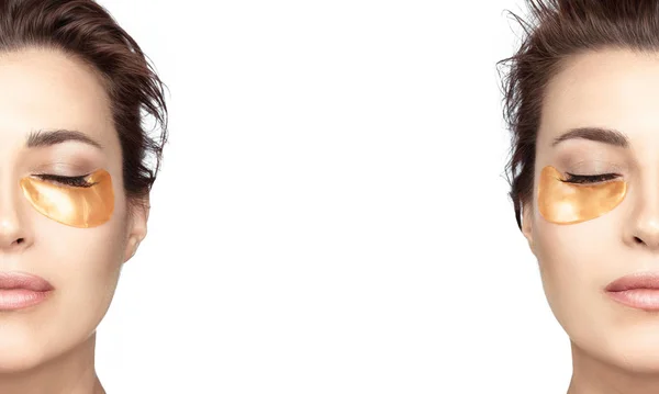 Potret seorang wanita menggunakan bantalan mata kolagen terhidrasi — Stok Foto