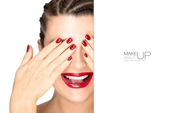 Laughing model girl with braided hair, red nail polish and lipst — 스톡 사진