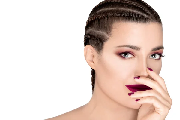 Beautiful fashion woman with braided hair, mallow rose lipstick, — Stock Photo, Image