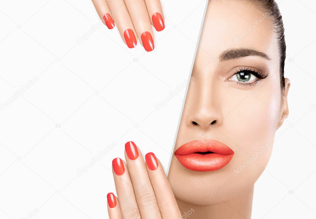 Beauty woman face closeup. Manicured nail. Full lips. Perfect sk