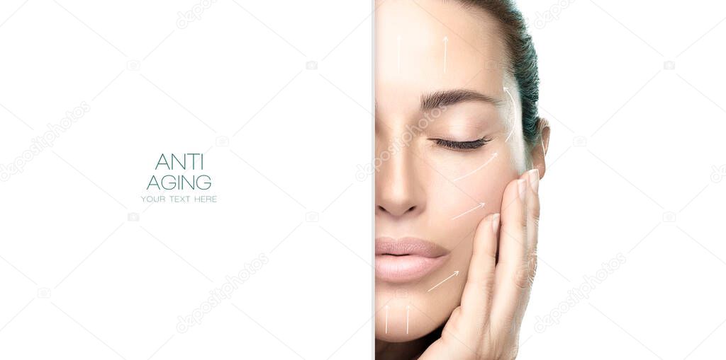 Anti aging treatment and plastic surgery concept. Beautiful young woman with hands on cheeks with a serene expression and white arrows over face. Perfect skin. Beauty portrait isolated on white
