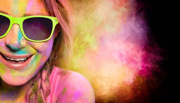 Beautiful Young Woman Fashionable Green Sunglasses Her Face Covered Colorful — Stock Photo, Image